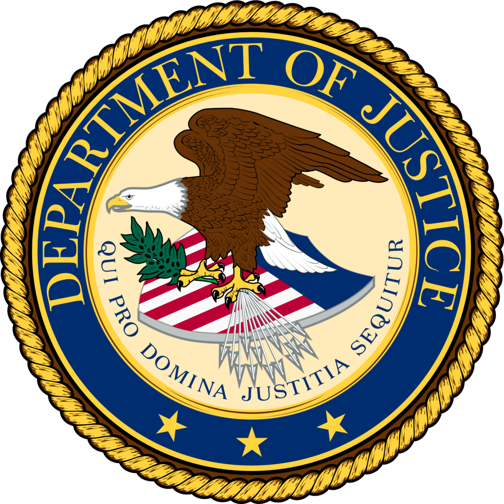 U.S. Department of Justice official seal showing a bald eagle and the latin phraise, "Qui Pro Domina Justitia Sequitur"