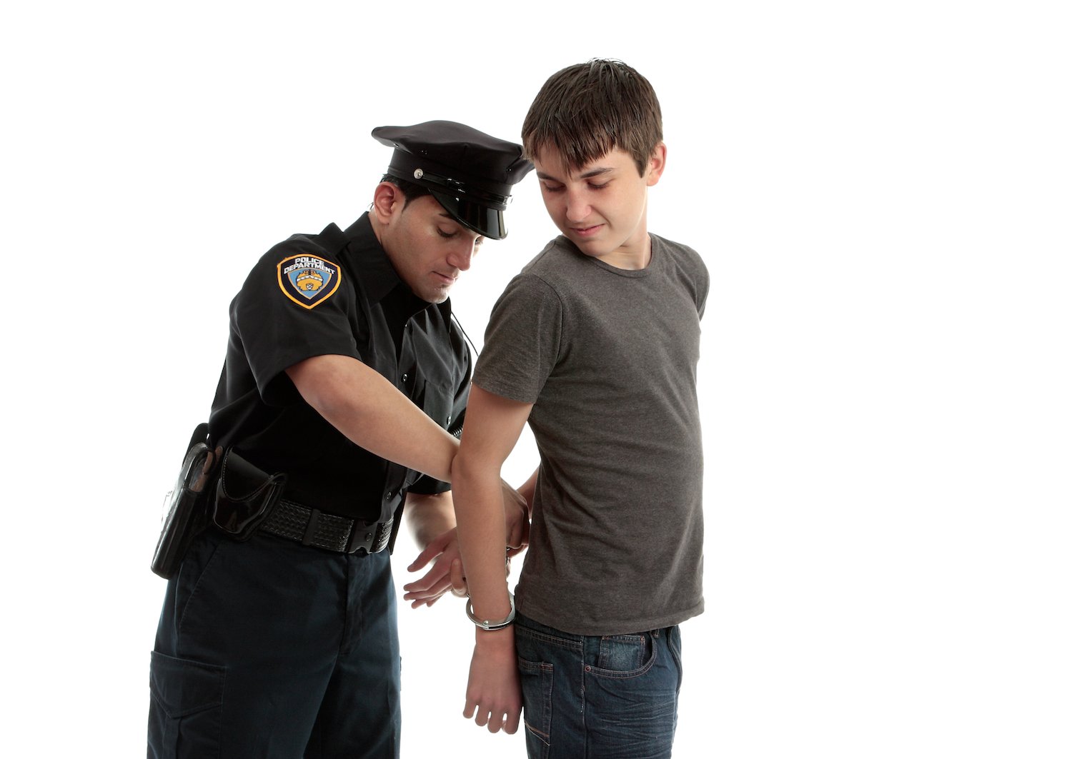 Child being arrested by a police officer against a white background