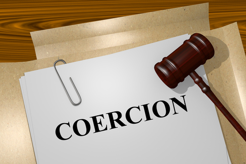 Court file labeled "coercion" and gavel