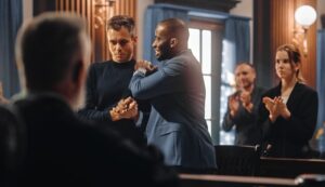 Attorney and client in courtroom after legal victory