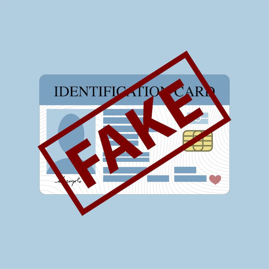 Graphic that shows a driver's license with "FAKE" stamped on it