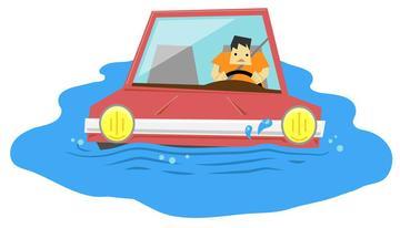 cartoon image of a motorist driving through a body of water