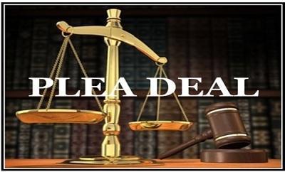 The word "plea deal" along with a gavel, "scales of justice," and a legal library