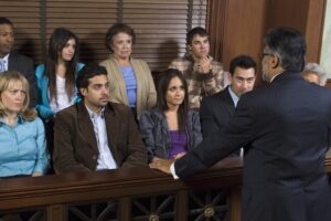 Attorney speaking to jury box