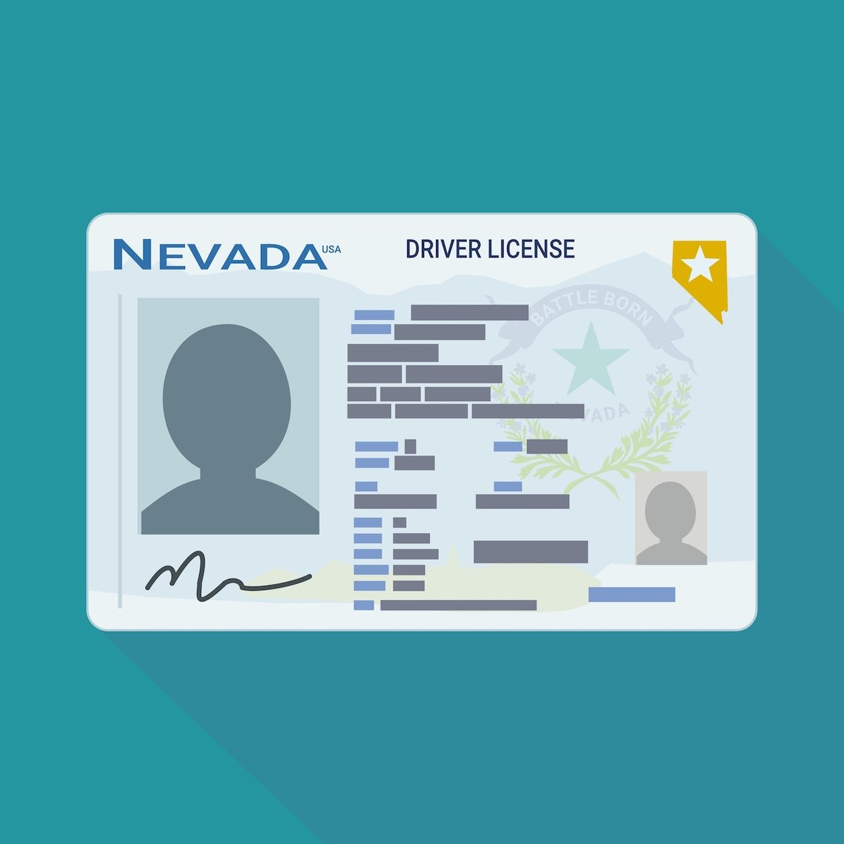 Cartoon rendering of a Nevada driver's license against a teal background