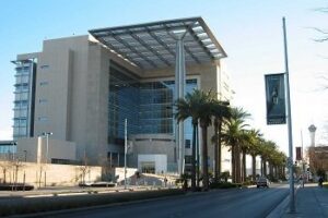 Daytime exterior photo of Lloyd D. George Federal Courthouse in downtown Las Vegas