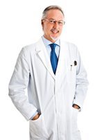 Dentist wearing a white coat