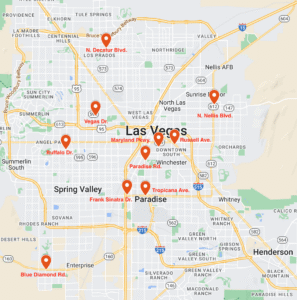 Map that depicts locations where Las Vegas police commonly conduct DUI blitzes