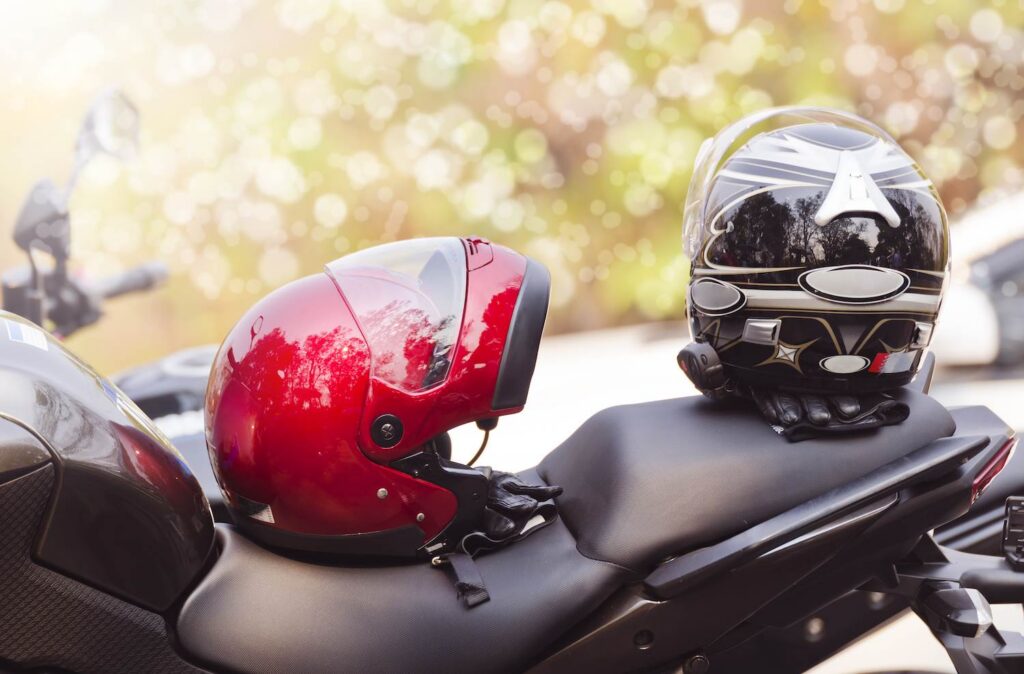 Motorcycle with two helmets on the seat