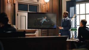 Courtroom scene of a murder trial where a prosecutor is showing the court a screen displaying a photo of the murder victim lying on the ground