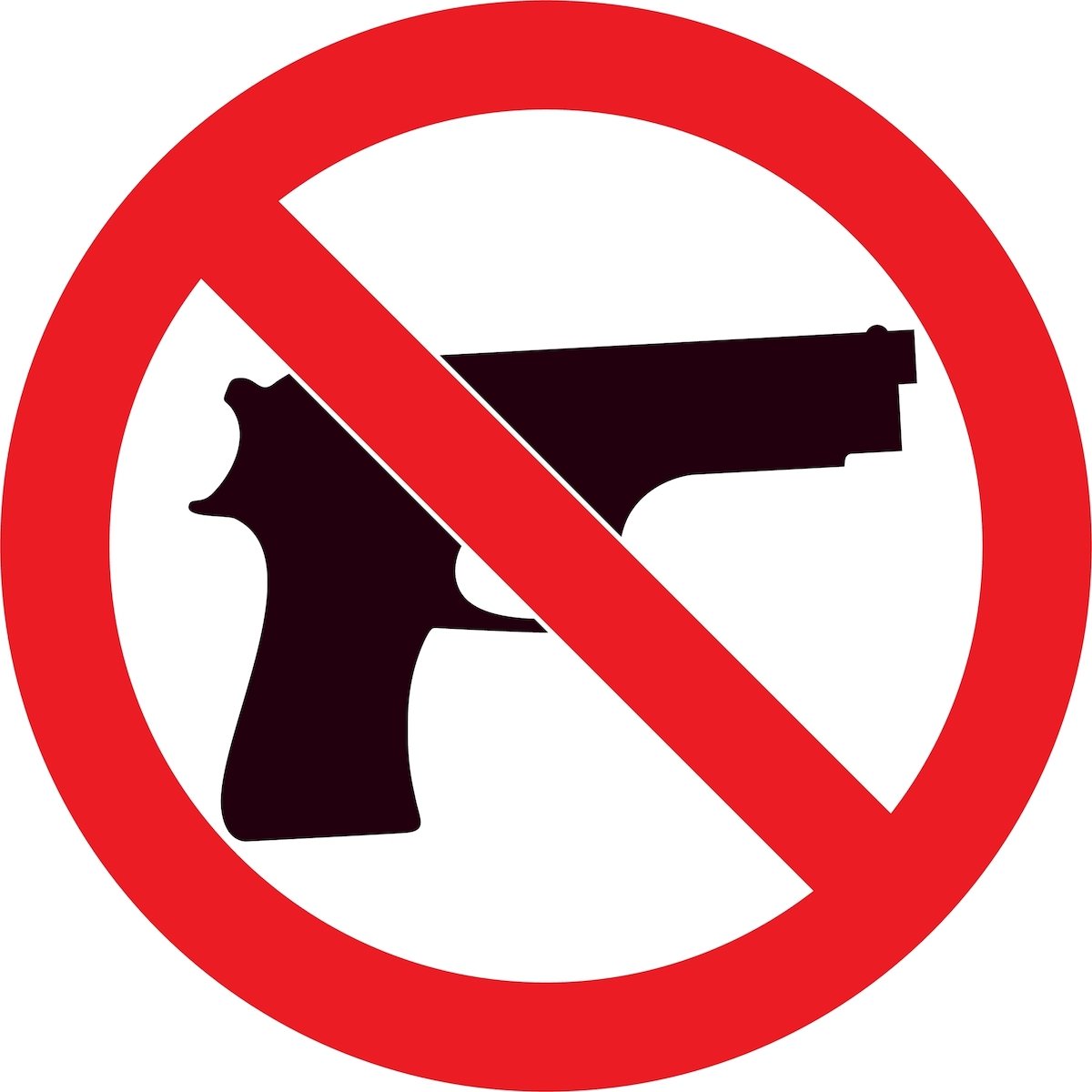 A "no gun" sign with a red strike over a black gun illustration against a white background