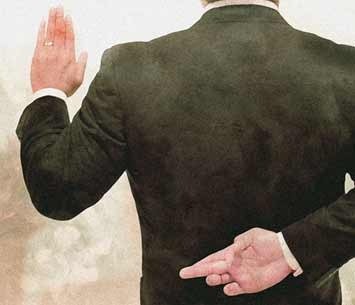 A man in a business suit holding up one hand to take an oath while with his under hand crossing his fingers behind his back in anticipation of committing perjury in violation of NRS 199.120.