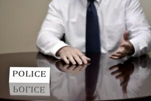 Wooden desk on which there is a placard that says "police" and behind which is a close-up of a defendant in a shirt and tie arguing that he has followed all court orders