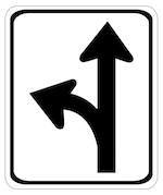 Sign that indicates driver can continue straight or turn left