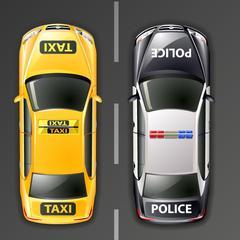 overhead view of taxi car next to police car
