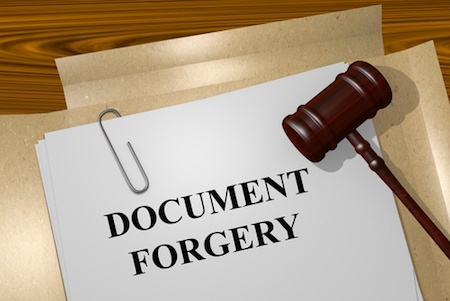 Graphic of judge's gavel resting on a stack of white paper fastened by a paperclip resting on a manila envelope. The top paper reads "DOCUMENT FORGERY."